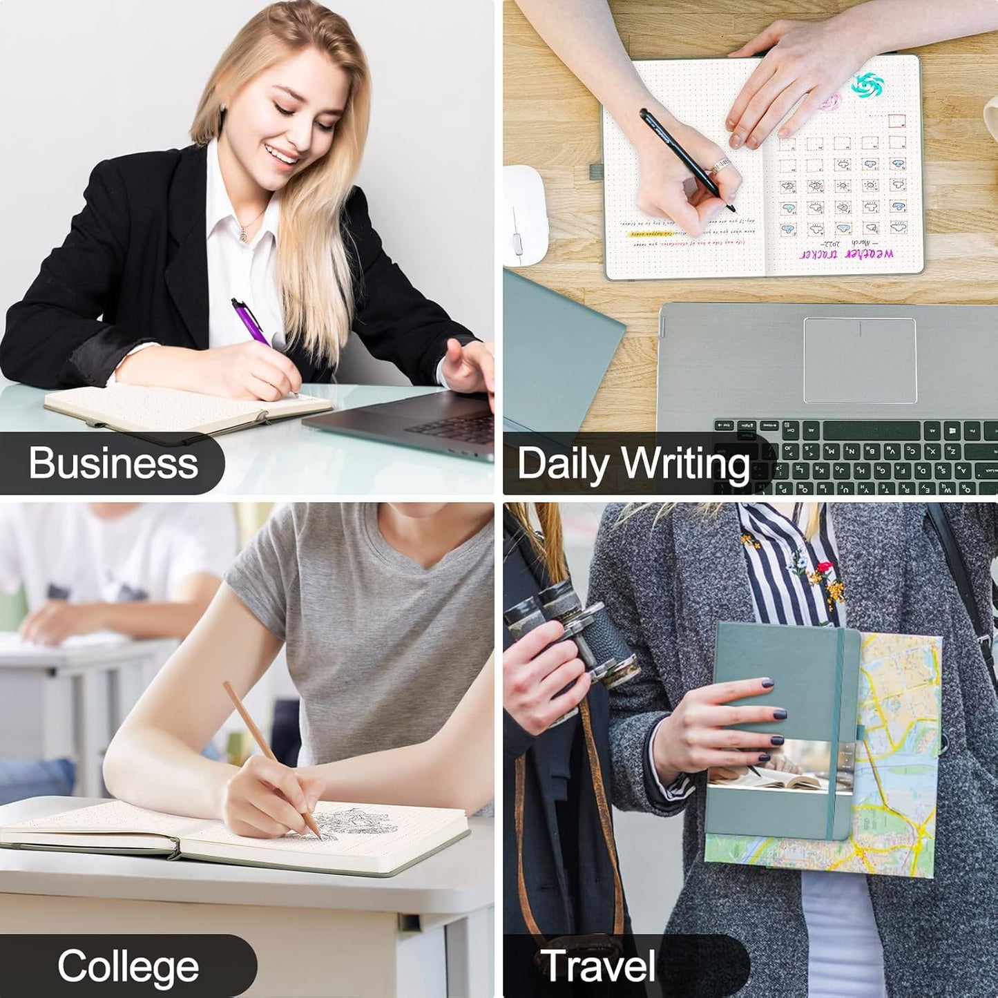 EMSHOI A5 Dotted Journal - 256 Pages with 120gsm Thick Dot Grid Paper, Hardcover Leather Dotted Notebook, 16 Perforated Pages, Pen Loop & Inner Pocket, for Bullet Journaling, 5.75” x 8.38”, Blue