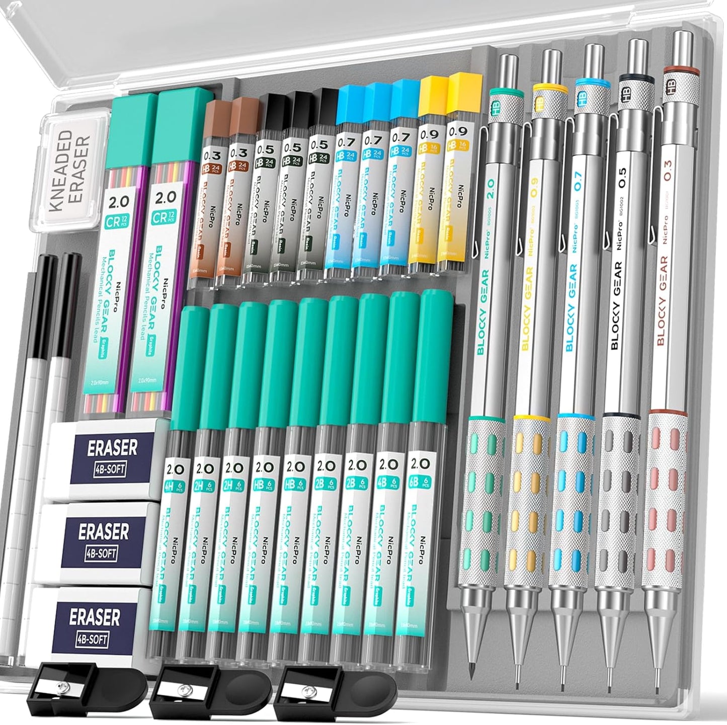 Nicpro 36PCS Blocky Gear Mechanical Pencil Set with Case, Metal Mechanical Pencils 0.3, 0.5, 0.7, 0.9, 2mm Lead Holder for Art Drawing Sketching with 21 Tubes (6B 4B 2B HB 2H 4H Colors) Lead Refills