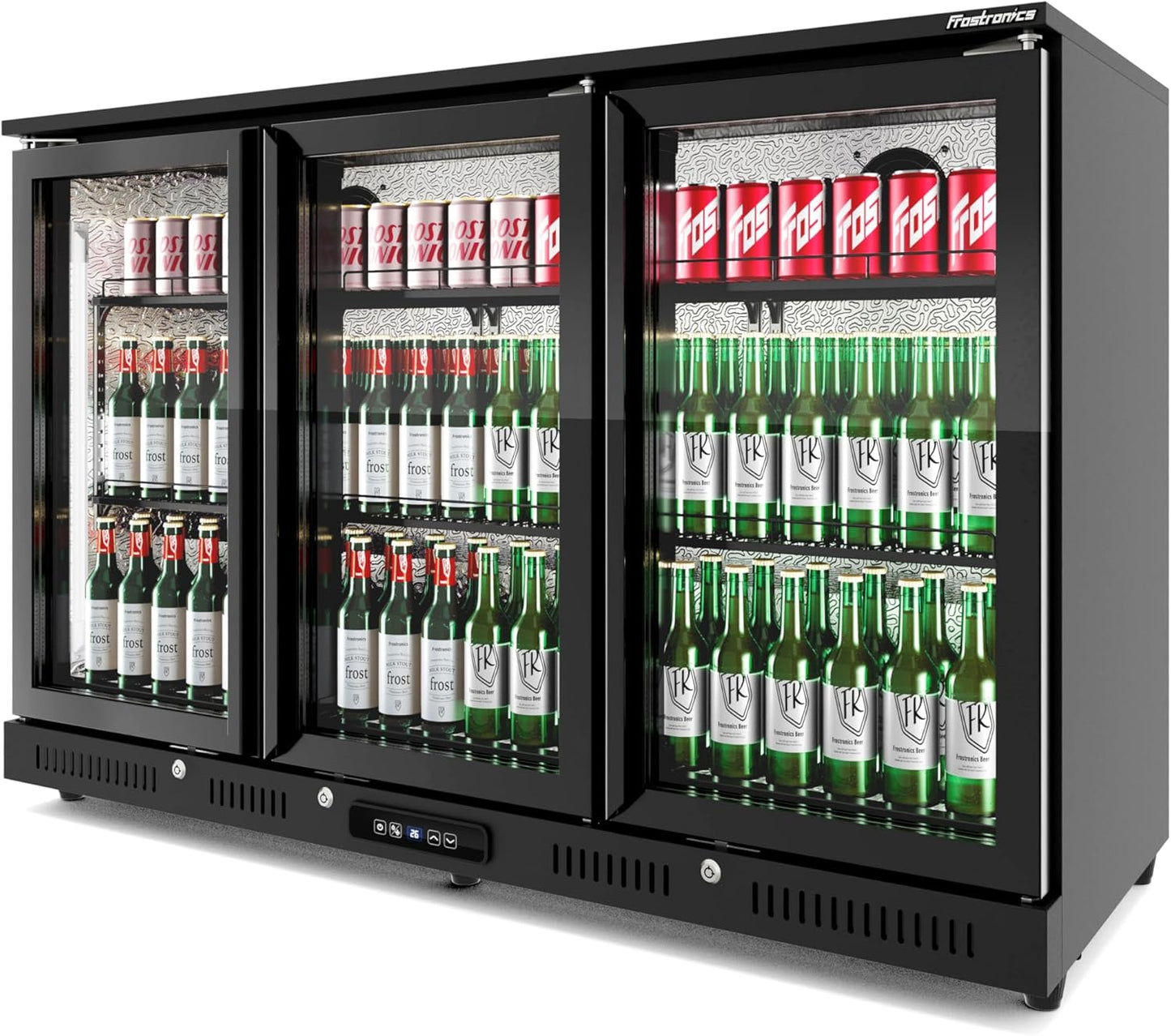 54 inch 318-can Triple Hinged Door Back Bar Cooler, 10.42 cu. ft. Under Counter Glass Door Bar Fridge with hinged doors, lockable, 32-50°F Beverage Refrigerator, ETL Certified, Black