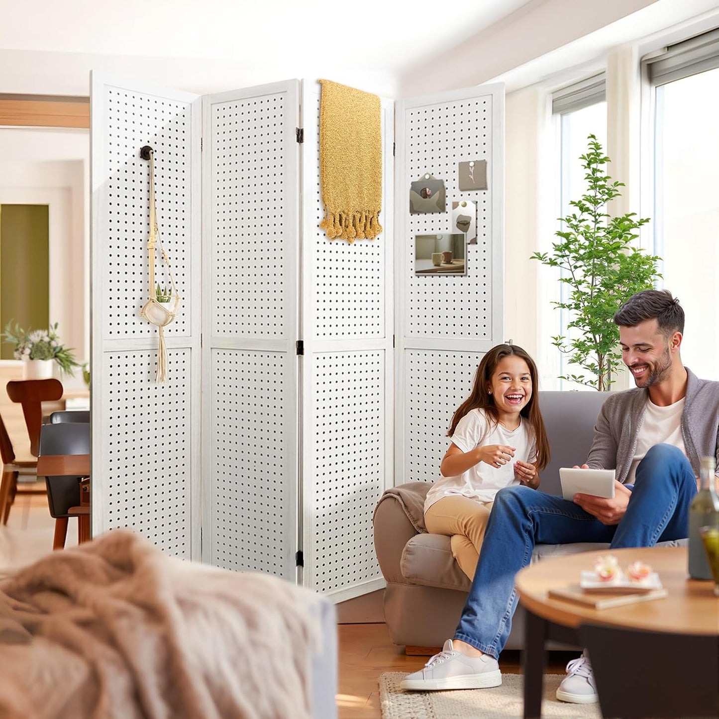 Room Divider, 5.6FT Folding Room Divider Panel, 4 Panel Pegboard Display Wood Partition Wall Divider for Room Separation& Craft Shows, White