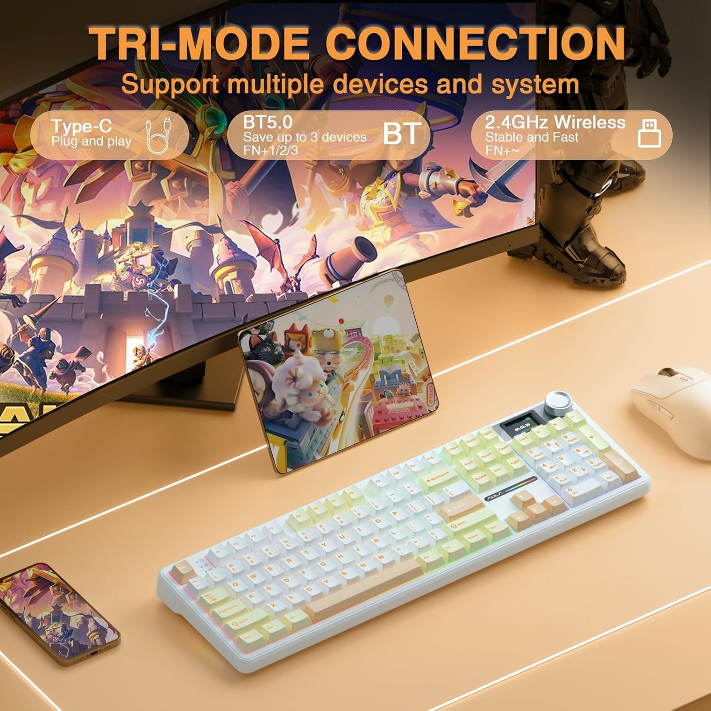 AULA F108 PRO - Wireless Mechanical Keyboard with Screen&Knob,Hot Swappable Gaming Keyboard with 8000mAh Battery,Pre-lubed Switches,RGB Backlit,PBT Keycaps Creamy Sounding Computer Keyboards,104 Keys