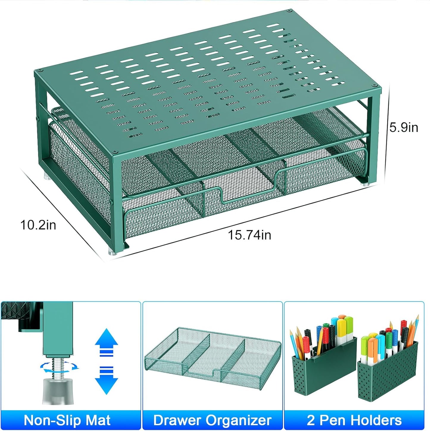 gianotter Desk Organizers and Accessories, Monitor Stand with Drawer and 2 Pen Holder, Desktop Organizer Suitable for Offices and Dormitories (Green)