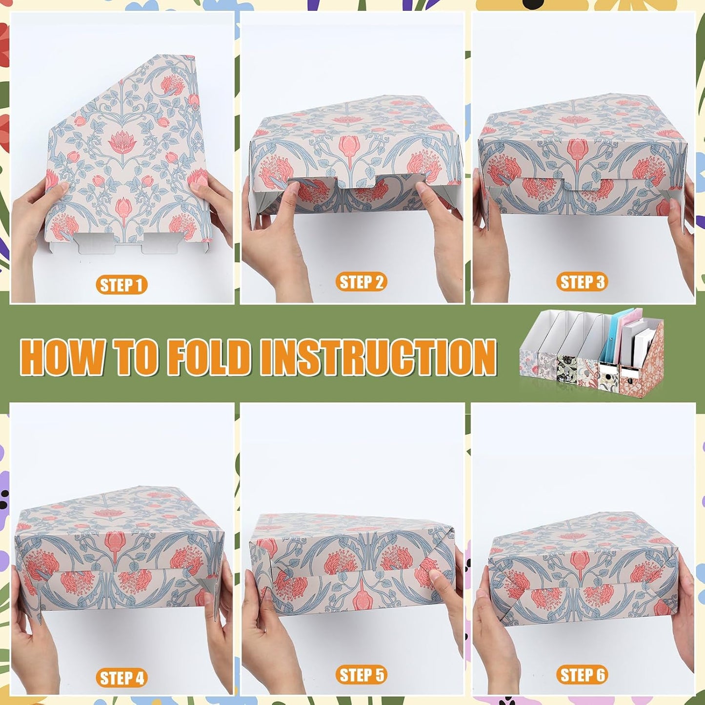 PerKoop 12 Pcs Magazine File Holder Foldable Decorative Cardboard File Folders 6 Patterns Floral Colored Magazine Rack with Printable Sticker Labels for School Office Home Desk (Floral)