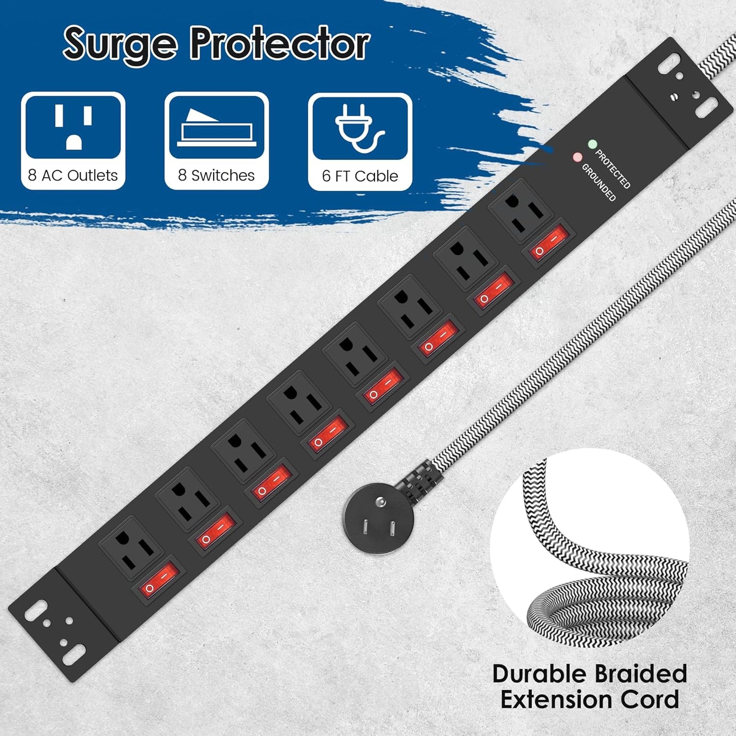 Rack Mount Power Strips,8 Outlet Strips Surge Protector with Individual Switches, PDU Power Strip for Server Racks, 14AWG Heavy-Duty Braided Extension Cord,2700J,15A 125V 1875W (6 FT Cable)