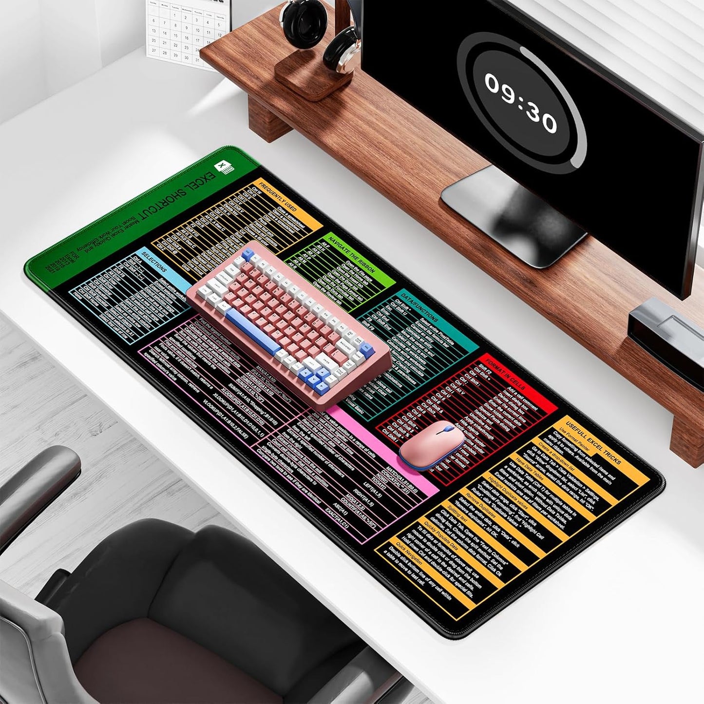 Auhoahsil Large Mouse Pad, XL Gaming Mousepad, Desk Mat for Desktop, Thick Rubber, Big & Long Size, Stitched Edges, Full Desk Pad for Laptop & Computer, Extended 31.5 x 11.8 in, Excel Shortcut