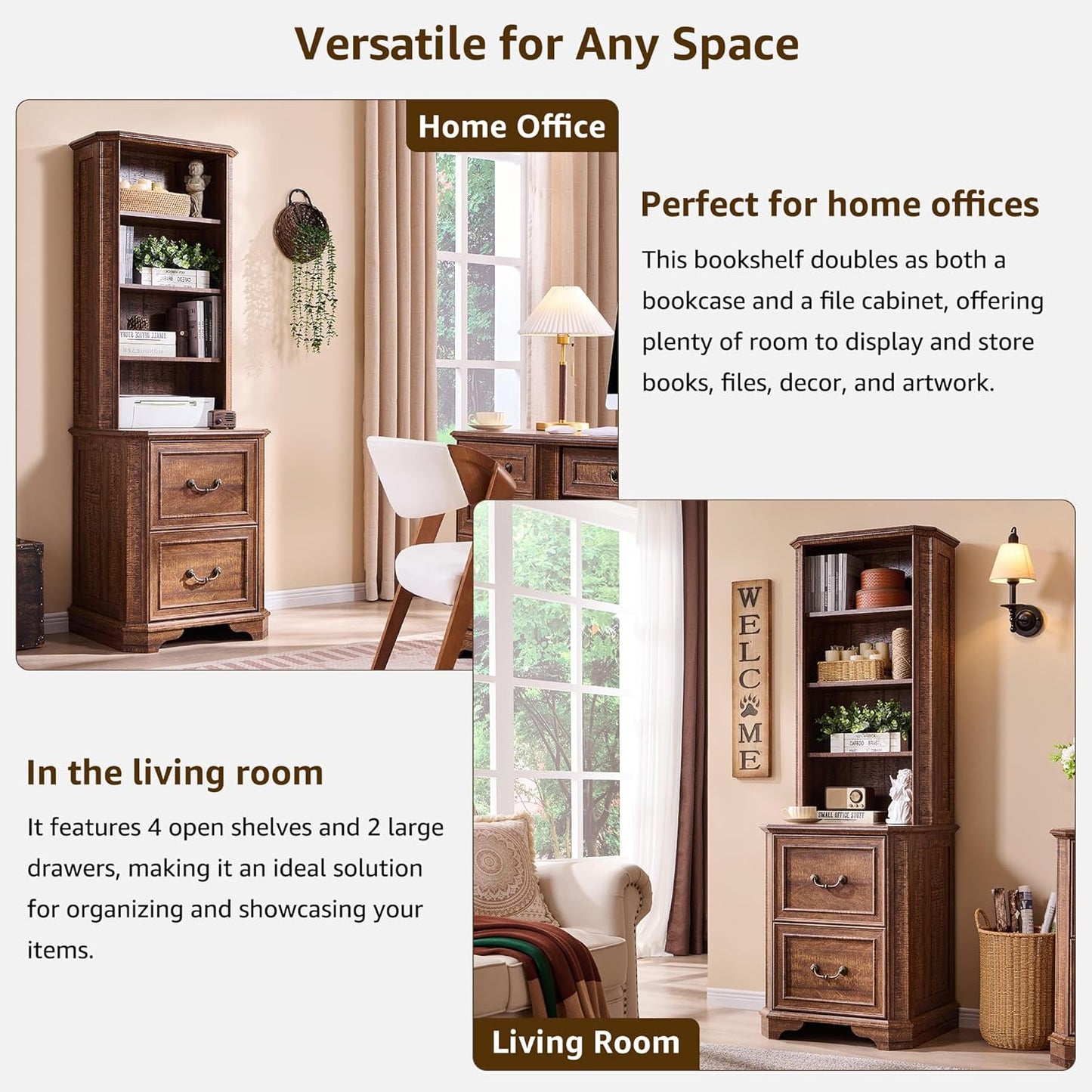 T4TREAM 6-Tier Bookcase with 2 File Drawers, 72" Tall Farmhouse Bookshelf with Storage & Adjustable Shelves, Wooden Floor Standing Display Book Shelf Organizer for Home Office, Reclaimed Barnwood