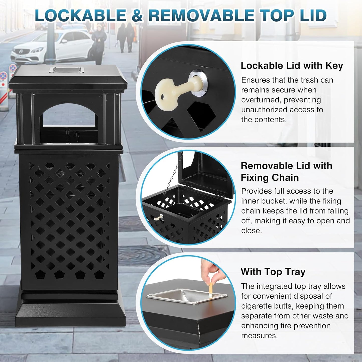 IRONWALLS Indoor/Outdoor Trash Can with Lid, Heavy Duty Steel Garbage Can with Removable Bin, Locking Lid, 16”x16”x35.4” Dual Sided-Open Commercial Trash Can Large for Patio, Backyard, Office, Black