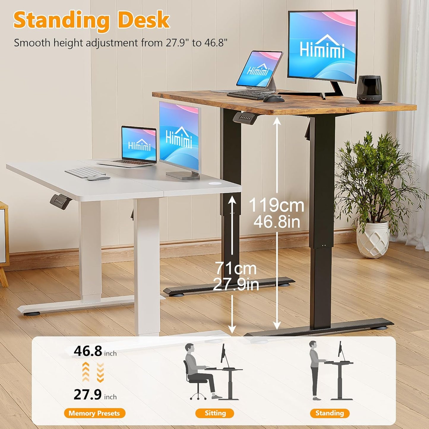 Himimi Electric Standing Desk 48 x 24 inch for Home Office,Sit-Stand Adjustable Desk with Memory Presets,Height Adjustable Desk for Gaming/Working,Free Hook, Lockable Wheels,Brown
