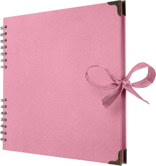 Bstorify 10 x 10 Inches Scrapbook Album 70 Pages Pink Thick Kraft Paper Corner Protectors, Ribbon Closure - Ideal for Your Scrapbooking, Art & Craft Projects (Pink, 10 x 10 Inch)