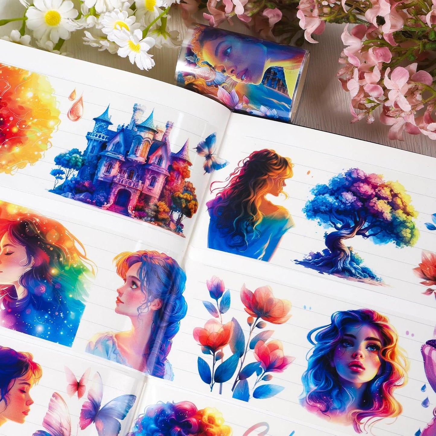 PET Tape for Journal Scrapbooking - Coloful Characters Flower Journal PET Tape Scrapbook Supplies, Scrapbook Notebook Bottle Crafts Décor