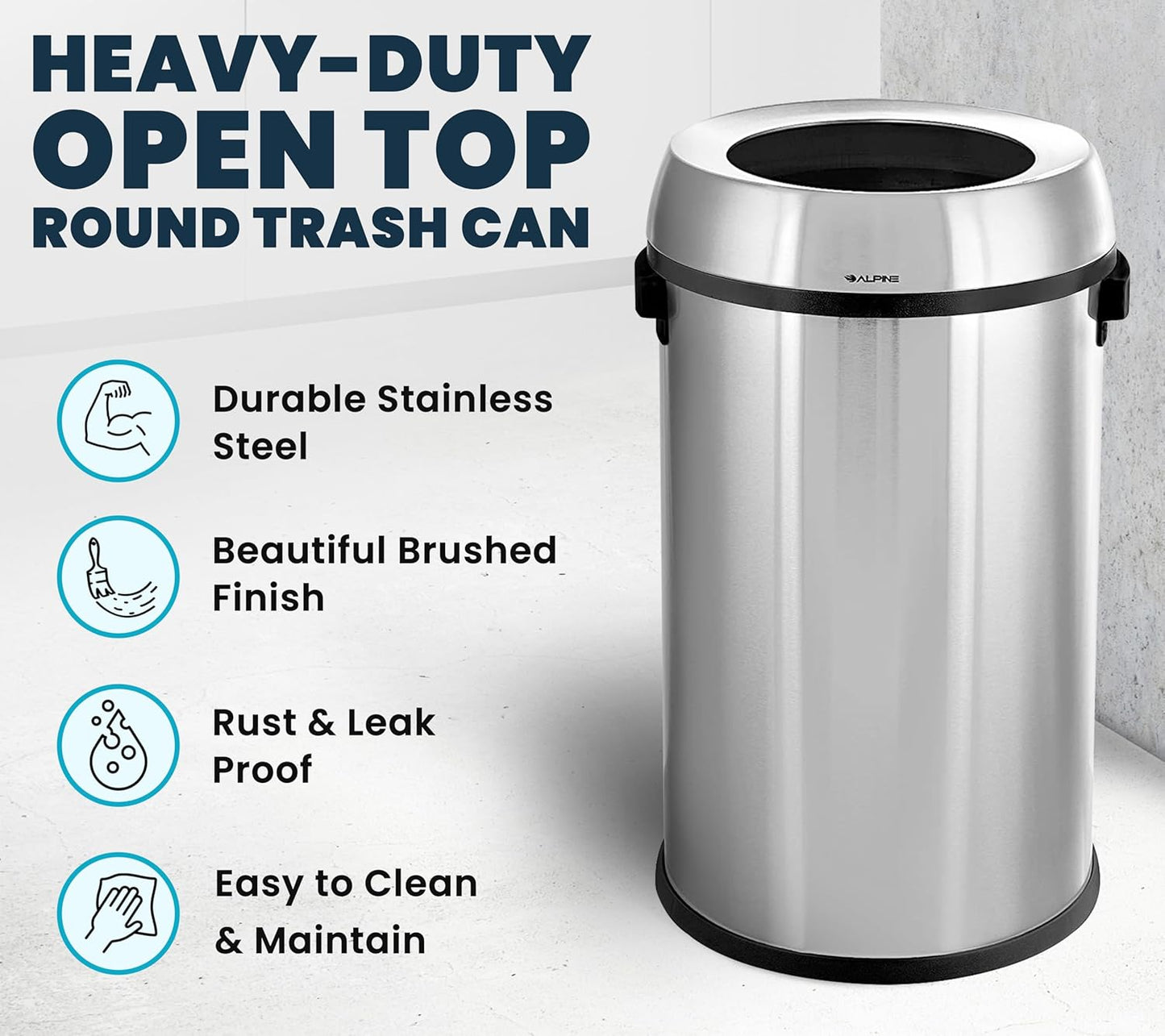 Alpine 17 Gallon Stainless Steel Open Top Trash Can – Commercial-Grade, Corrosion-Resistant, Brushed Finish, Large Capacity Garbage Bin for Home, Office, Restaurant & High-Traffic Areas.