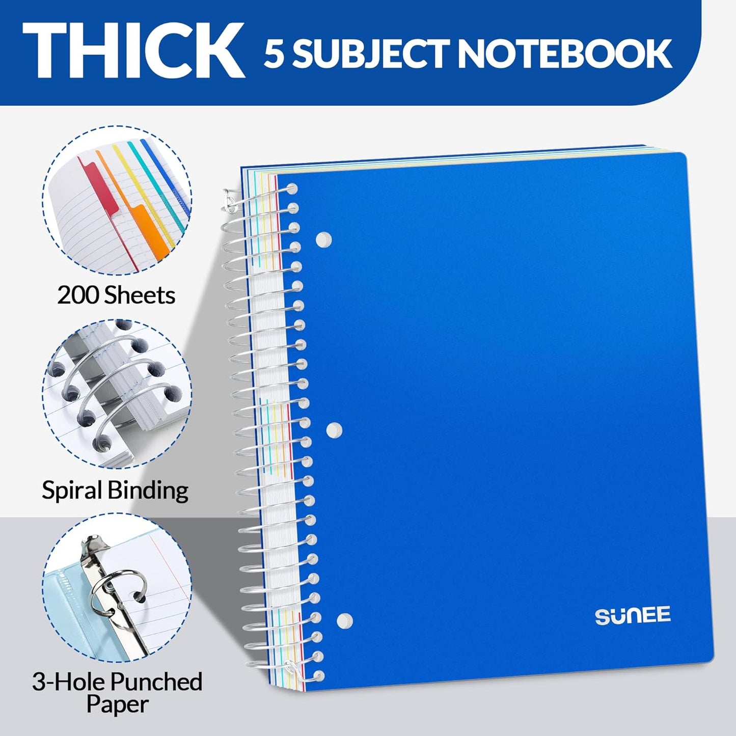 SUNEE 5 Subject Notebook College Ruled - 400 Pages, 9"x11", 5 Pocket Colored Dividers, 3-Hole Punched Paper, Blue