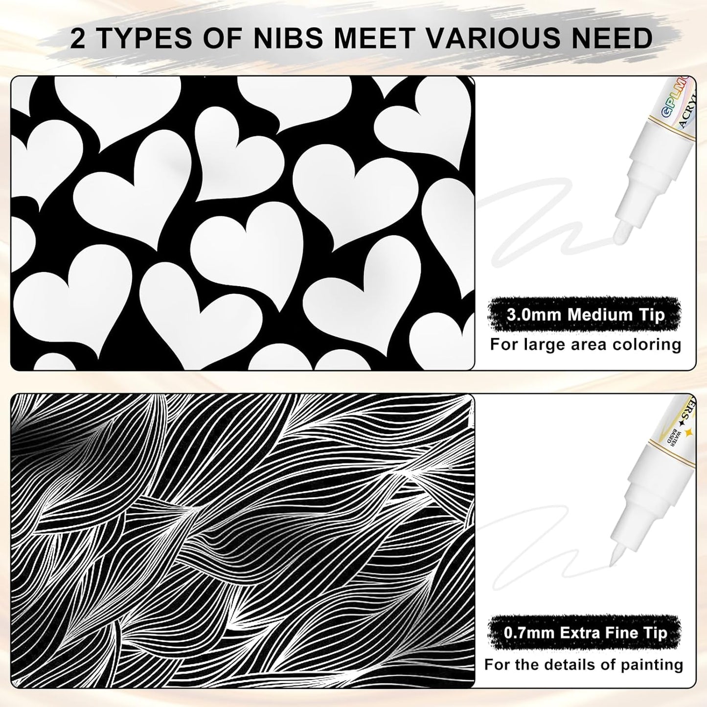 Paint Markers Paint Pens - 2 Pack Dual Tip Acrylic Permanent Marker (0.7mm & 3mm), Non-Toxic, Water-Based for Art Painting, Stone, Ceramic, Glass, Wood, Fabric, Metal, DIY Crafts (White)