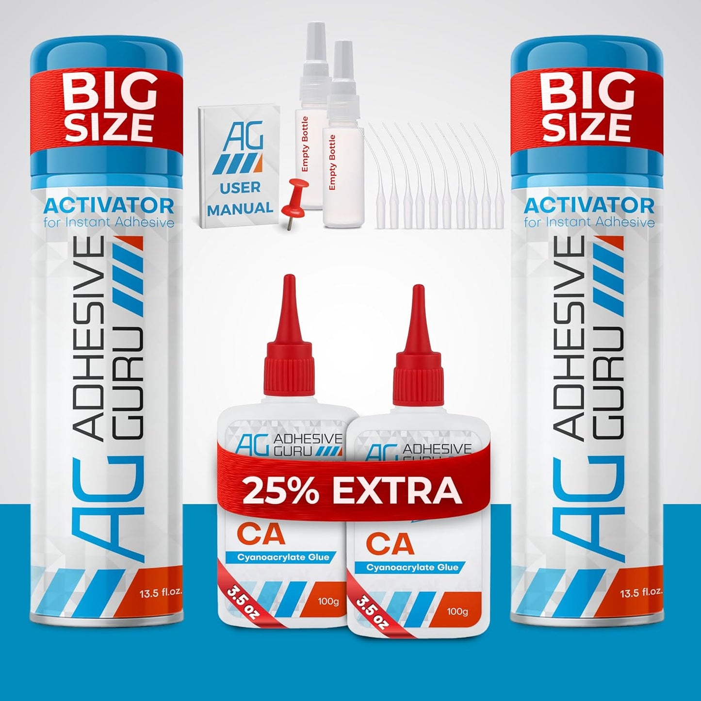 Adhesive Guru CA Glue with Activator (2 x 3.5 oz - 2 x 13.5 fl oz) CA Glue Set for Woodworking with Microtips, Cyanoacrylate Super Glue for Plastic, Glass, Ceramic, DIY, 3D Printing (2 Pack Set)