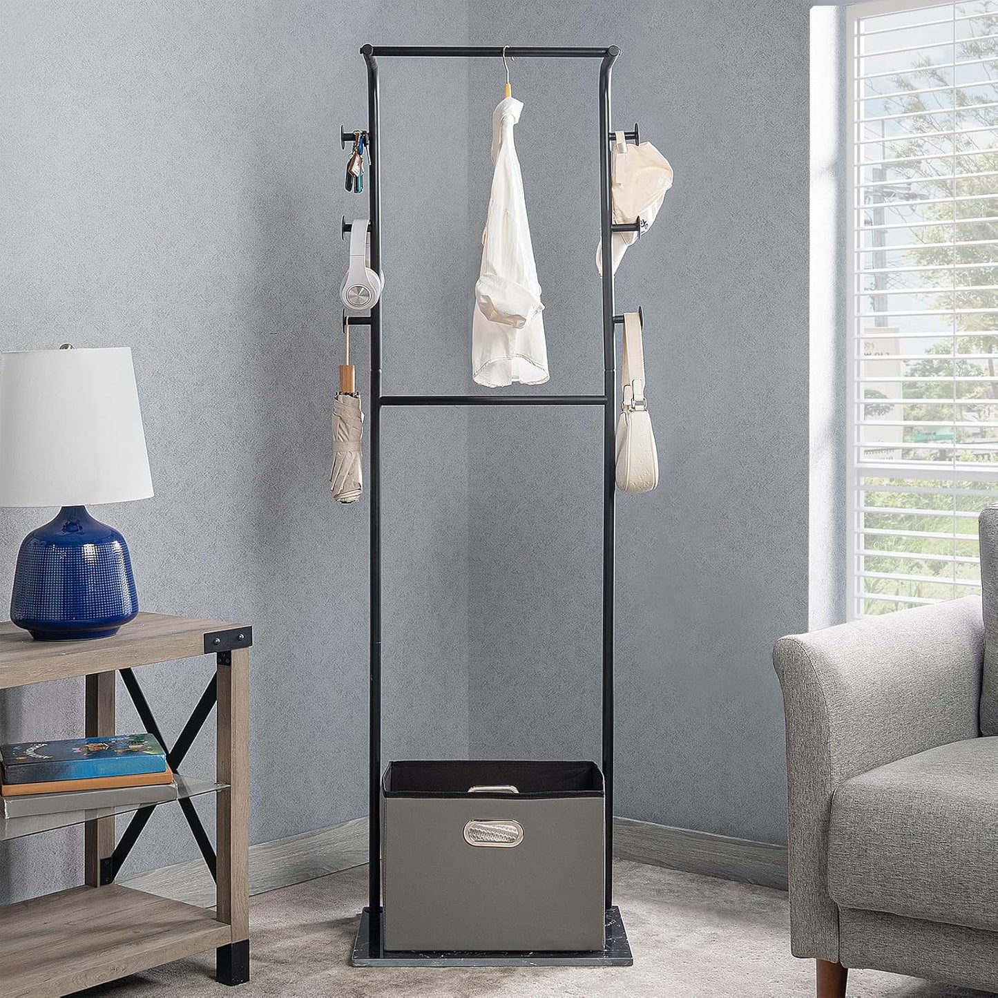 Heavy Duty Coat Rack with Storage Basket Metal Hanging Clothes Rack with Marble Base Modern Standing Clothing Rack for Entryway Bedroom Living Room Hotel 19.69 x 13.39 x 67.72 Inches (Black)