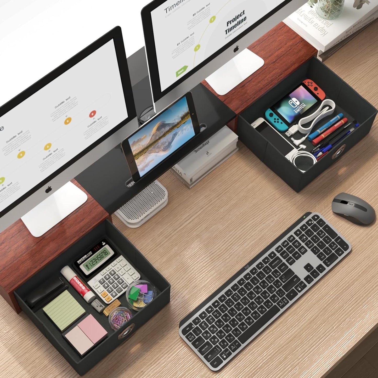 WESTREE Dual Monitor Stand Riser with Two Drawers, Extra Large Storage Monitor Stand for 2 Monitors, Desktop Oraganizer Stand for Computer,Laptop,Screen,Printer,TV