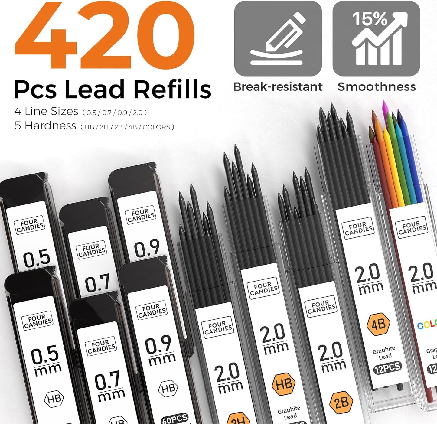 Four Candies Metal Mechanical Pencil Set, 3PCS Art Drafting Pencils 0.5, 0.7, 0.9MM & 2PCS 2MM Mechanical Drawing Pencils with 420PCS Leads (4B 2B HB 2H Color) for Writing Sketching Drawing (Silver)