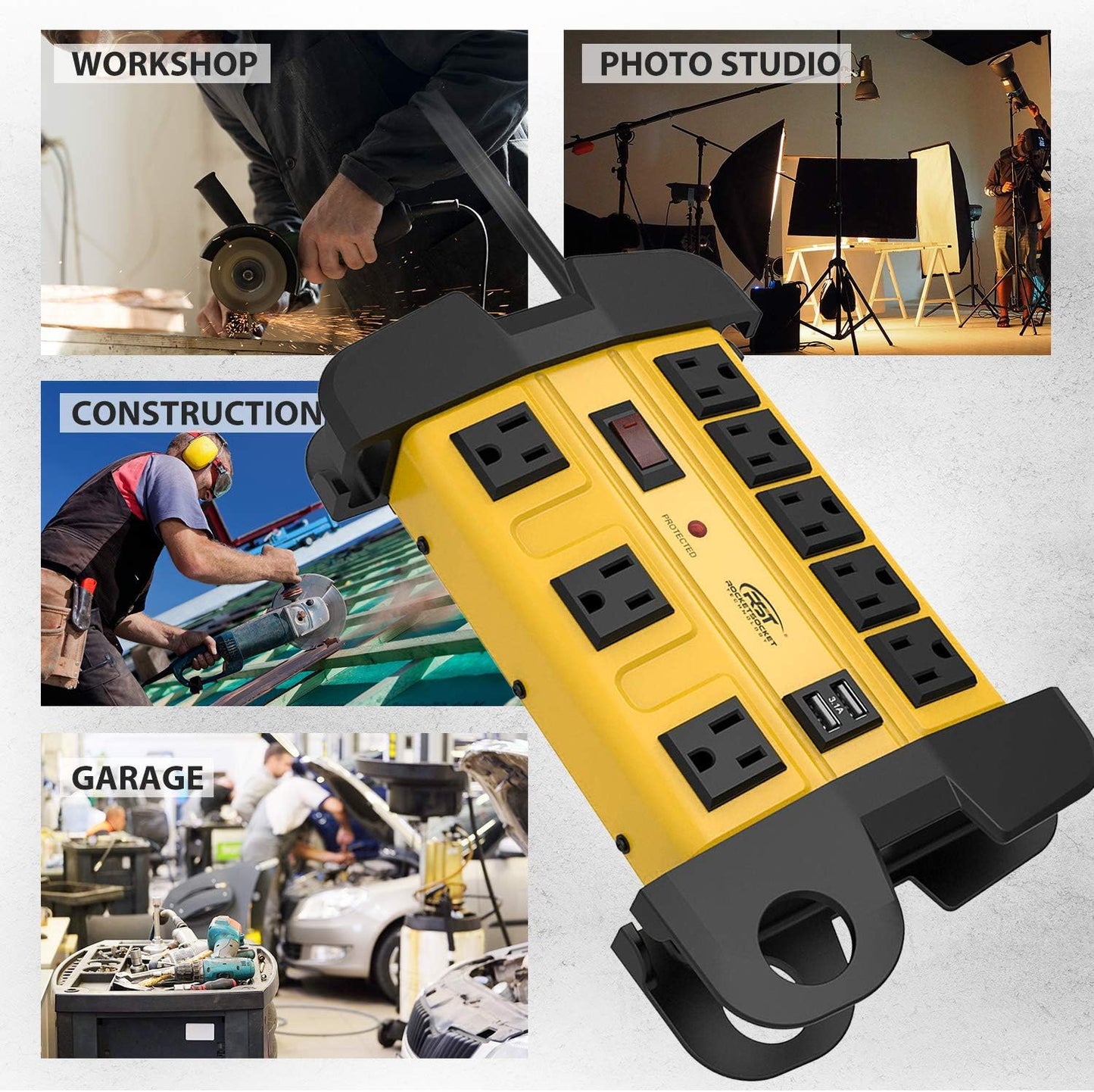 Heavy Duty Power Strip Surge Protector with USB,CRST Metal Power Strip with 2 USB 15 A 1875W, 15-Foot Long Cord 1350 Joules for Home, Kitchen, Office, School, ETL Listed… Yellow