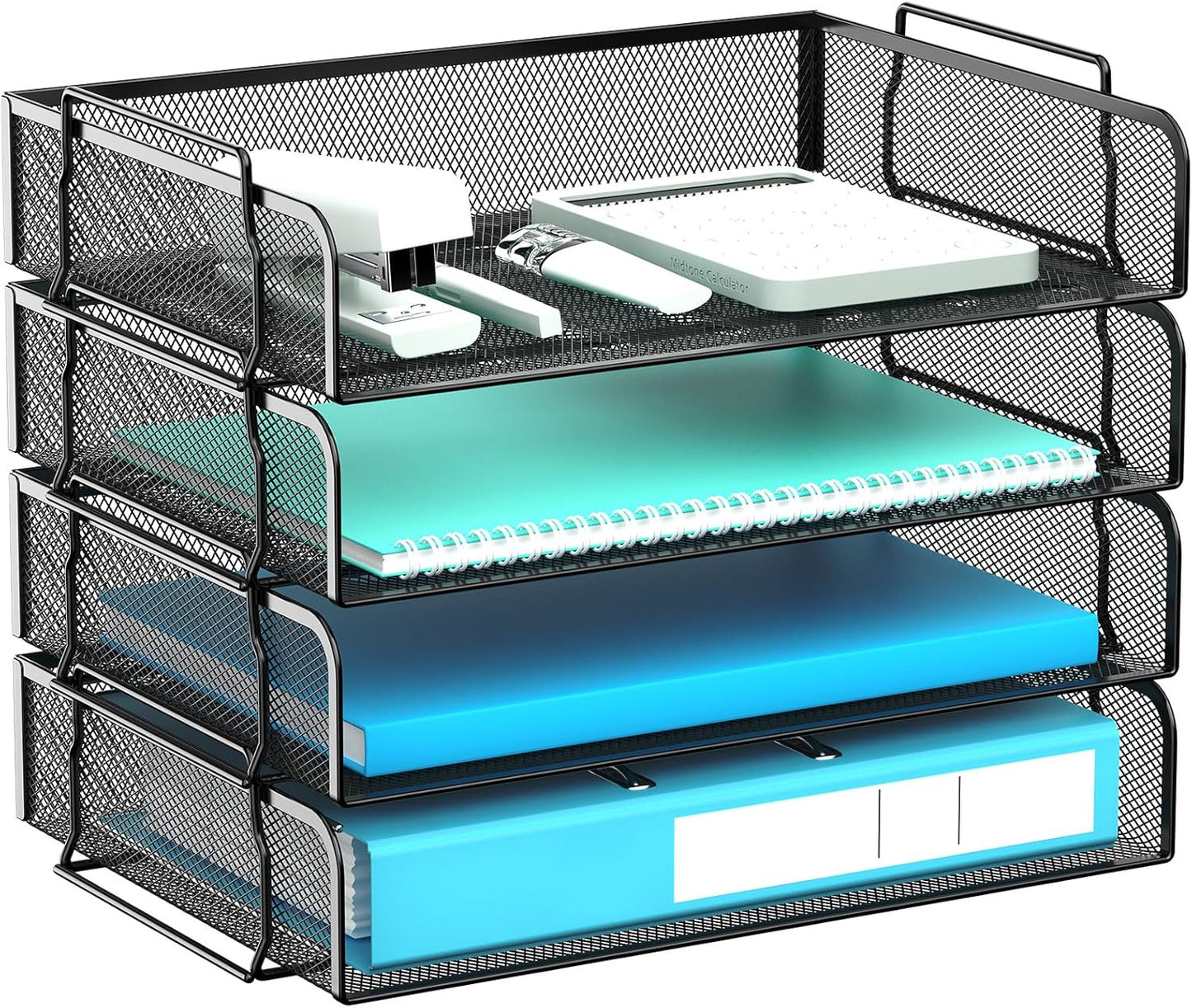4 Tier Stackable Letter Tray, Metal Mesh File Storage Desktop Organizer for Home Office, Black