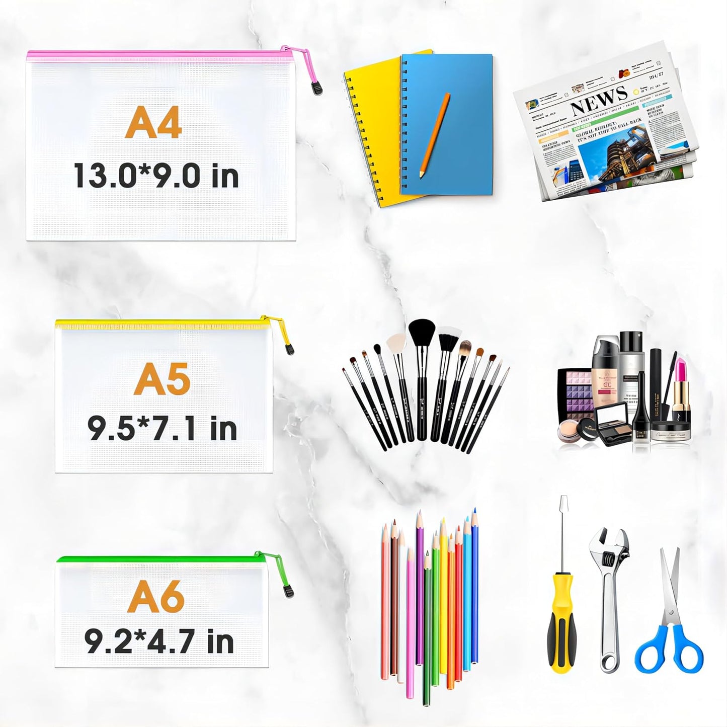 Umriox Mesh Zipper Pouch Bags, A4+A5+A6 (12 Colors, 36 Pack), Mesh Bags with Zipper, Storage Bags, Zipper Bags for Office Supplies Travel Storage