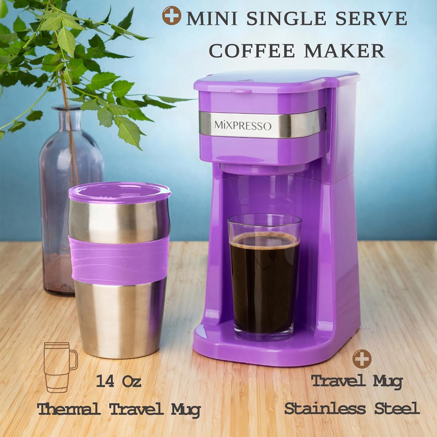 Mixpresso Purple Personal Single Serve Coffee Maker with 14oz Travel Mug, Drip Small Coffee Maker with Auto Shut Off, Reusable Filter, Works with Ground Coffee Only – Not for K-Cup Pods