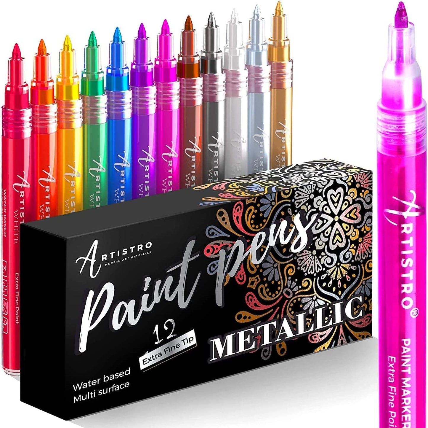 ARTISTRO 12 Metallic Paint Pens for Glass, Rock Painting, Ceramic, Wood, Fabric, Pebbles, Scrapbook Journals, Photo Albums, Card Stocks - Acrylic Paint Markers Extra-Fine Tip 0.7mm