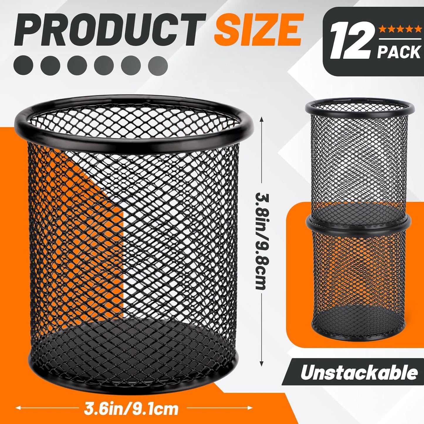 Segarty Pen Cup Holder for Desk, 12 Pack Black Pencil Holder, Round Wire Mesh Pen Container Set for Office Supply, School Classroom, Home Desktop Accessories, Makeup Brush Organizer