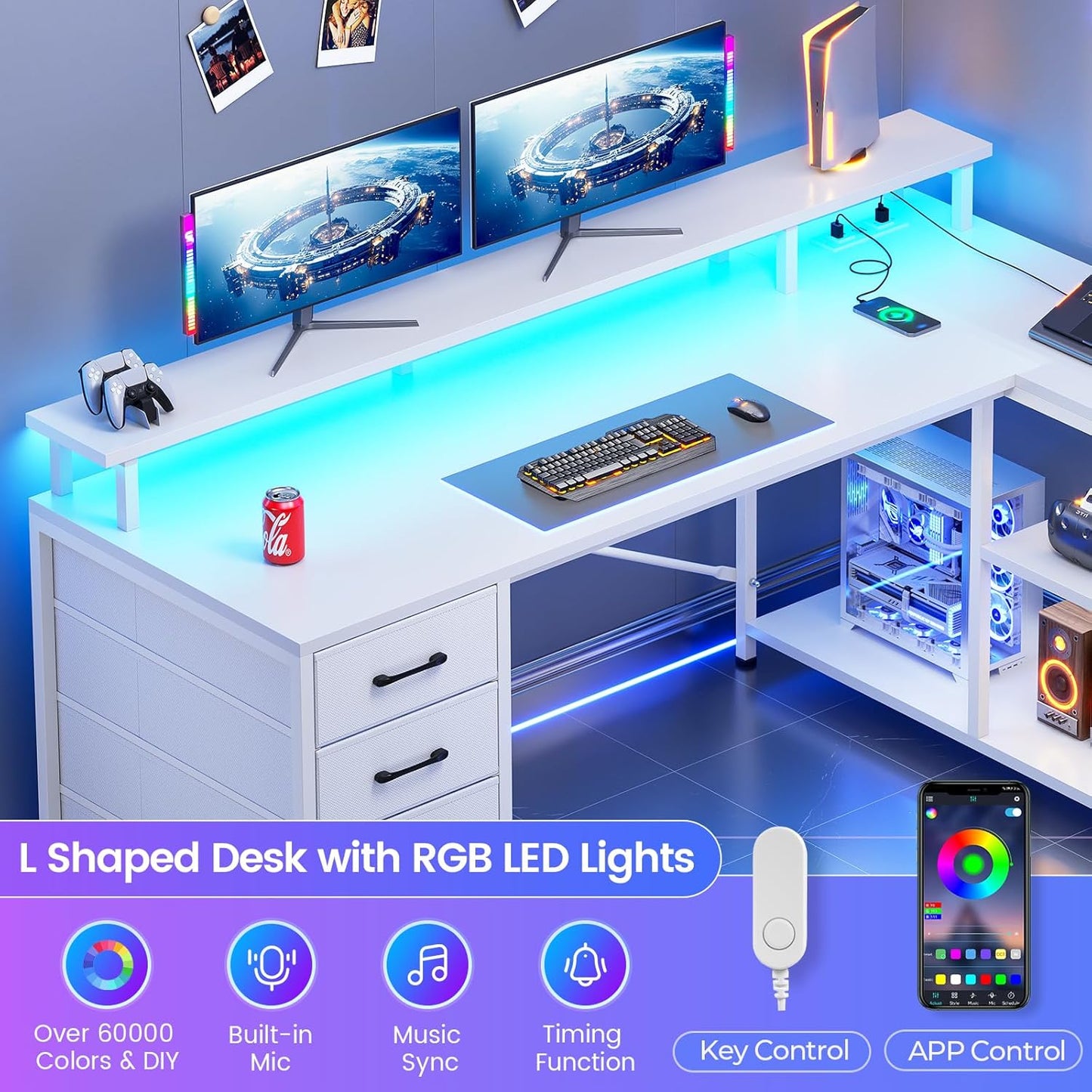 SEDETA L Shaped Desk with 4 Drawers and Storage Shelves, L Shaped Gaming Desk with LED Lights & Power Outlets, Computer Desk with Shelves & Drawer, Corner Desk Home Office Desk, White