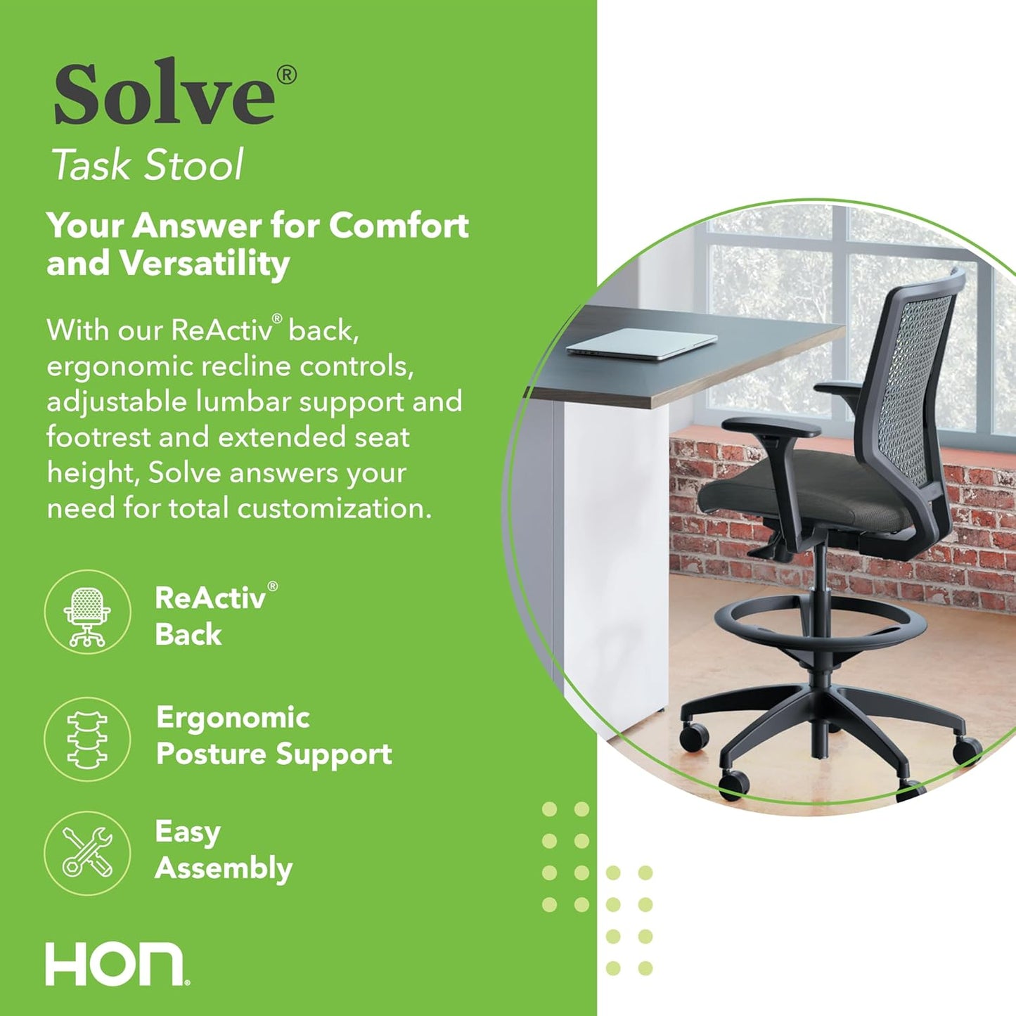 HON Solve Standing Desk Chair, ReActiv High Back Support, Office Chair with Foot Rest, Ergonomic Office Chairs, Adjustable Height