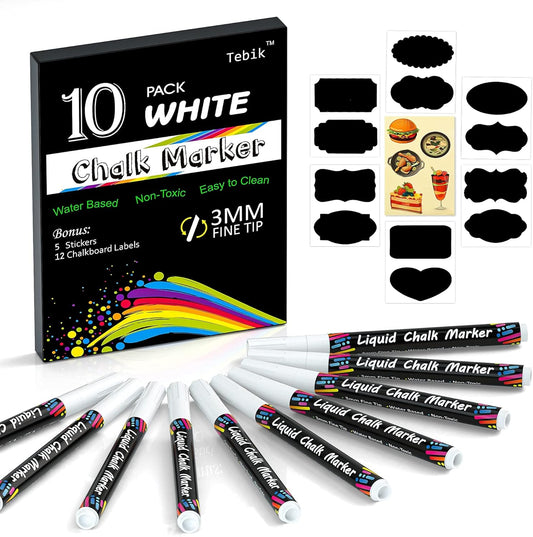White Liquid Chalk Markers Set, Pack of 10 White Chalkboard Paint Pens with 12 Chalkboard Labels, 5 Stickers, Perfect for Chalkboards, Bistro Boards, Glass and Metal