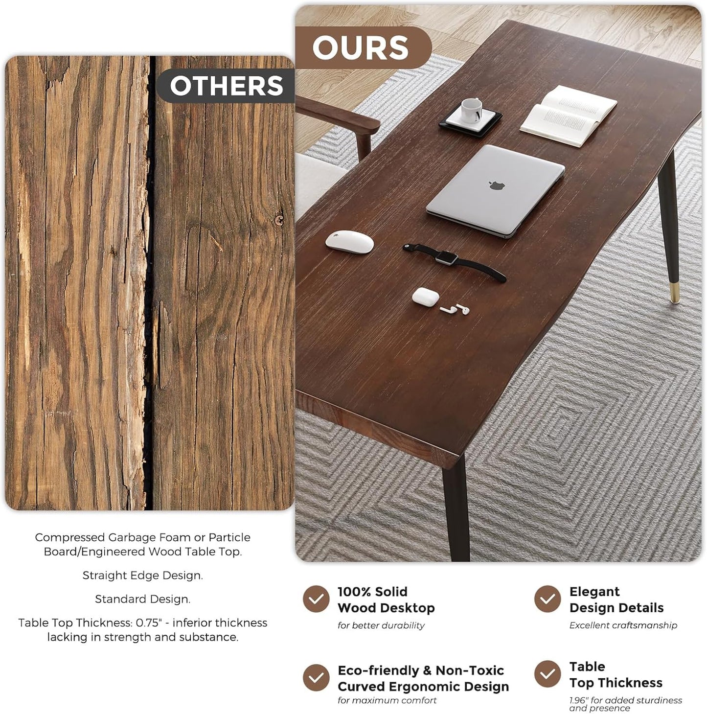 Modern Simple Style 55" Standing Desk Study Computer Desk - Black Metal Frame, Solid Wood Planks, for Home Office Bedroom