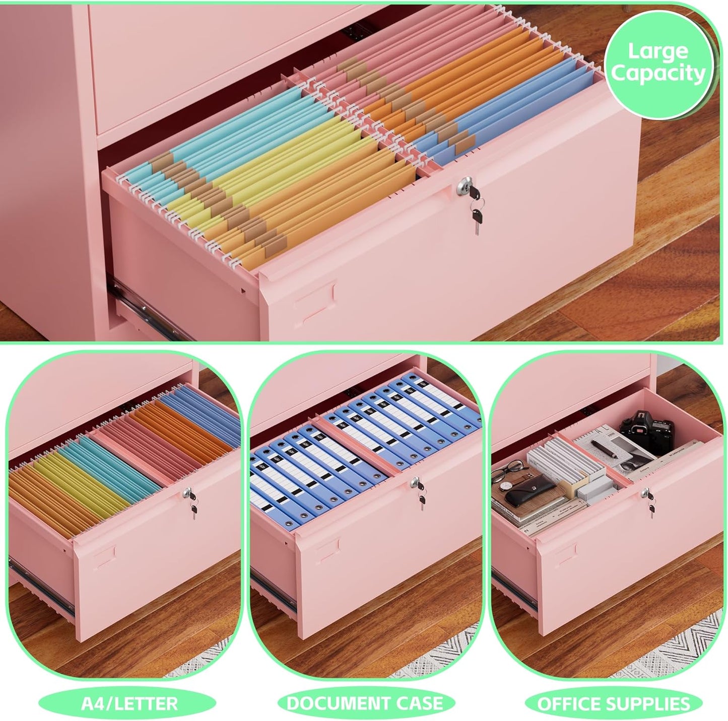 Metal 2 Drawer Lateral File Cabinet with 2 Lock - Wide Filing Cabinet for Letter/Legal/F4/A4 Hanging Files - Includes Business Card Holder,Home Office School Storage,Pink