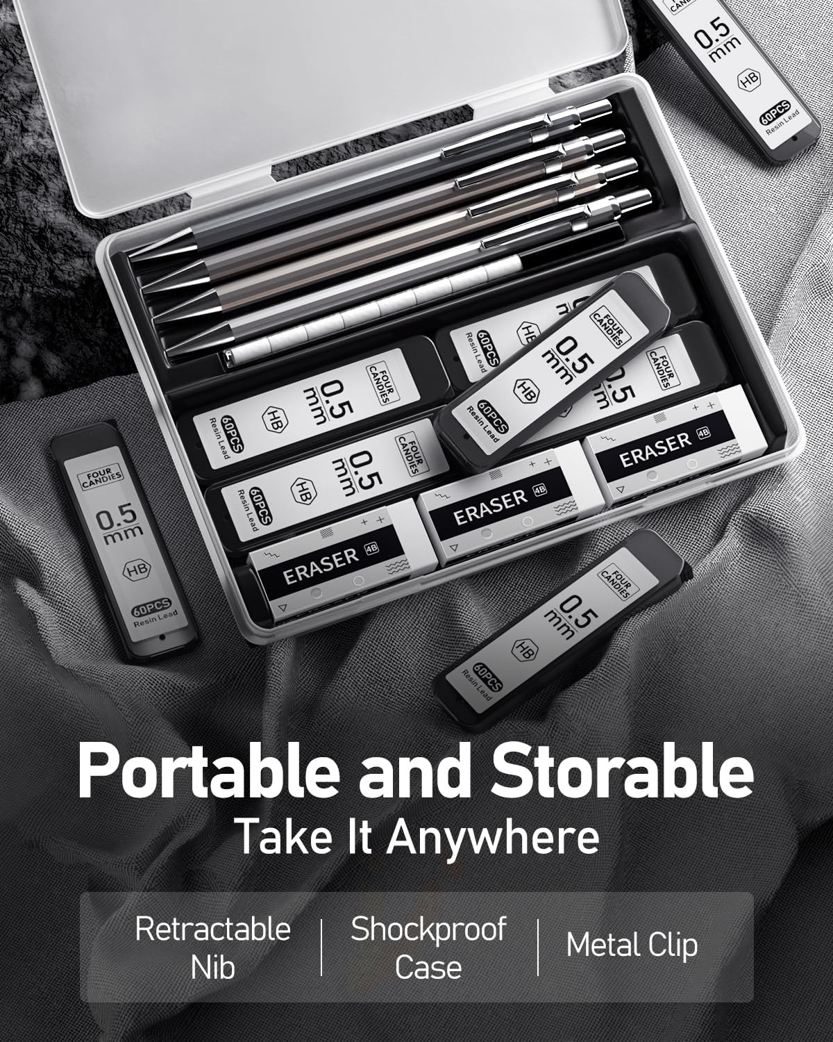 Four Candies 0.5mm Mechanical Pencil Set with Case - 4PCS Metal Mechanical Pencils, 8 Tubes HB #2 Lead Refills, 3PCS 4B Erasers and 9PCS Eraser Refills, Lead Mechanical Pencils for Writing & Drawing