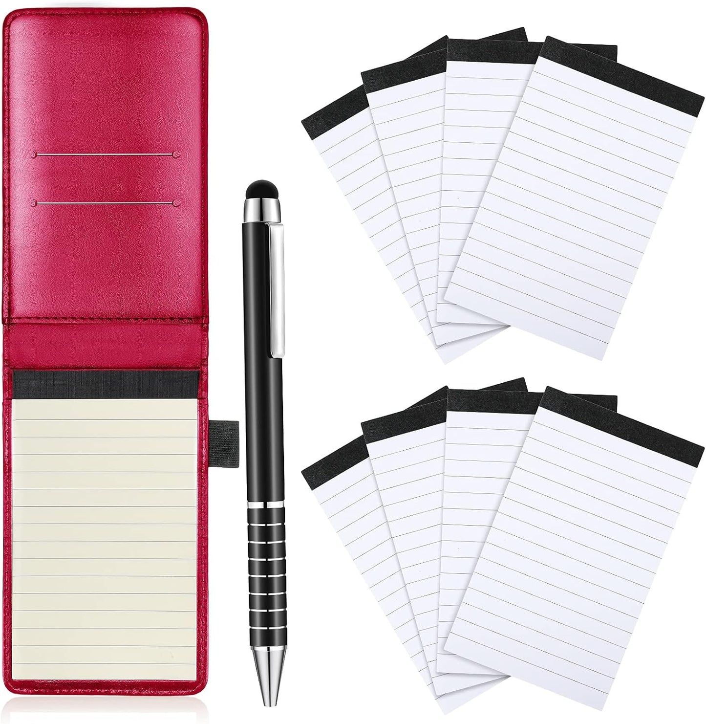 Outus 10 Pcs Pocket Notebook with Pen Set Included Mini Pocket Notepad Holder with 50 Lined Sheets, Metal Pen, 8 Pcs 3 x 5 Inch Memo Book Refills, 30 Lined Paper Per Note Pad (Rose Red)