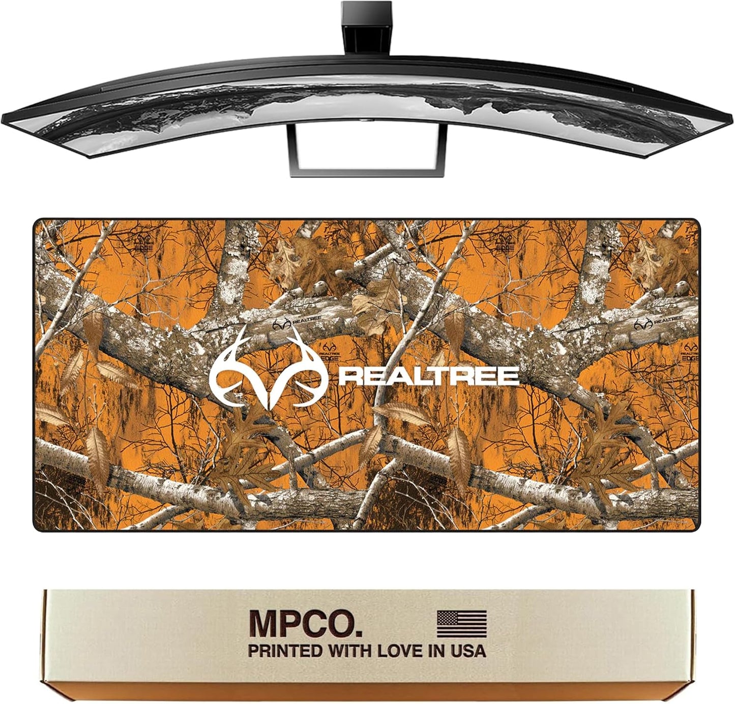 MPCO. Real Tree Large Gaming Desk Pad - 36" x 17" Aeroglyde Fabric Edge Orange – with Logo Desk Mats - Non-Slip, Washable, Smooth Glide for Precision Gaming & Work
