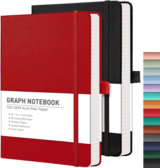 RETTACY Graph Grid Paper Notebook, 2-Pack, 192 Pages per Pack, A5 Medium Size (5.7'' x 8.3''), Leather Hardcover, 100 GSM Thick Paper, for School, Students, Math, Engineering (Black & Red)