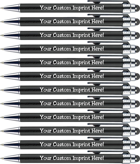 Personalized Pens with Stylus Tip -Bright Vibes- Click action - Custom - Black writing - Printed Name pens - Imprinted with Your Logo or Message - FREE PERSONALIZATION - 12 Pens/Box (Black)