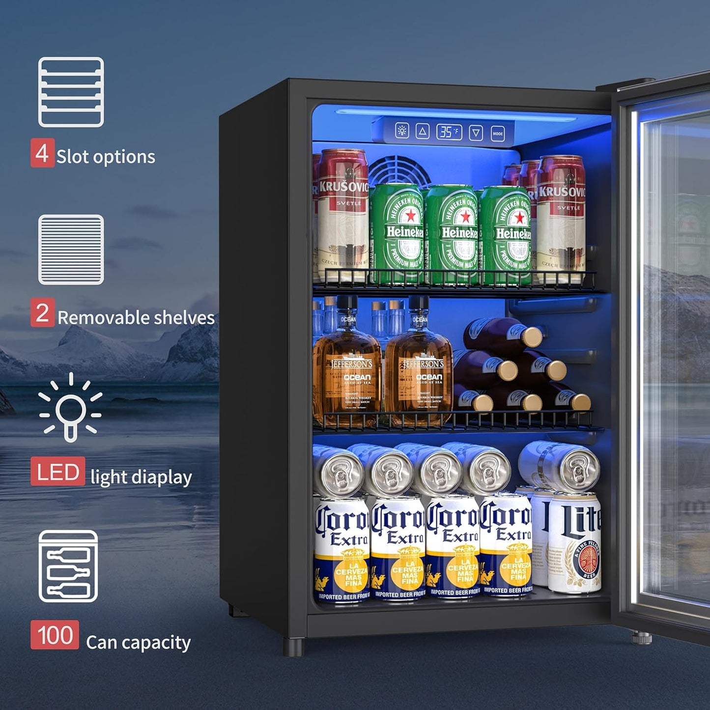 Beverage Refrigerator and Cooler, Freestanding Drink Dispenser for Soda Beer or Wine,90 Can Mini Fridge with Glass Door,Digital Temperature Control,Home, Bar, Office (Silver, 2.48 Cu.Ft)