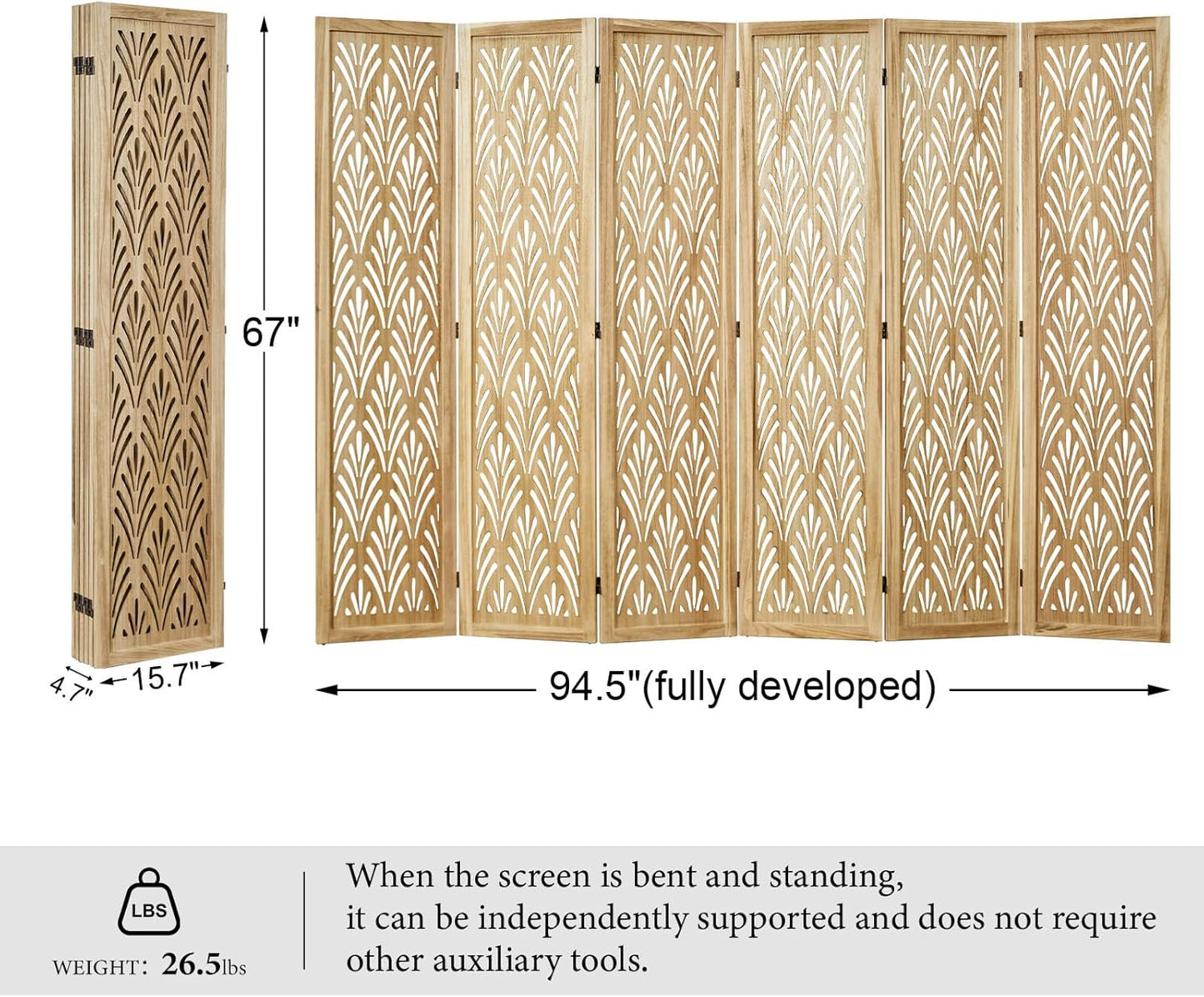 5.6Ft Room Divider Folding Wood Simple Carved Partition Screen for Home Office Garden - 6 Panels (Natural)