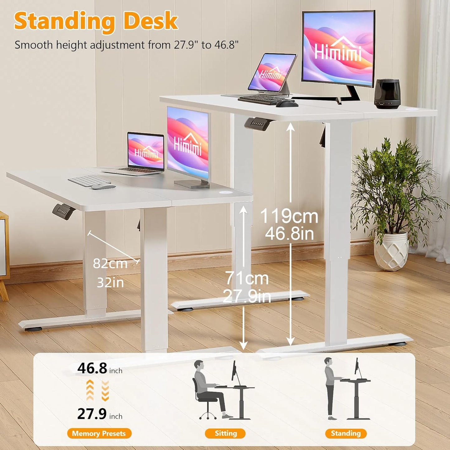 Himimi Electric Standing Desk 48 x 24 inch for Home Office,Sit-Stand Adjustable Desk with Memory Presets,Height Adjustable Desk for Gaming/Working,Free Hook, Lockable Wheels,White