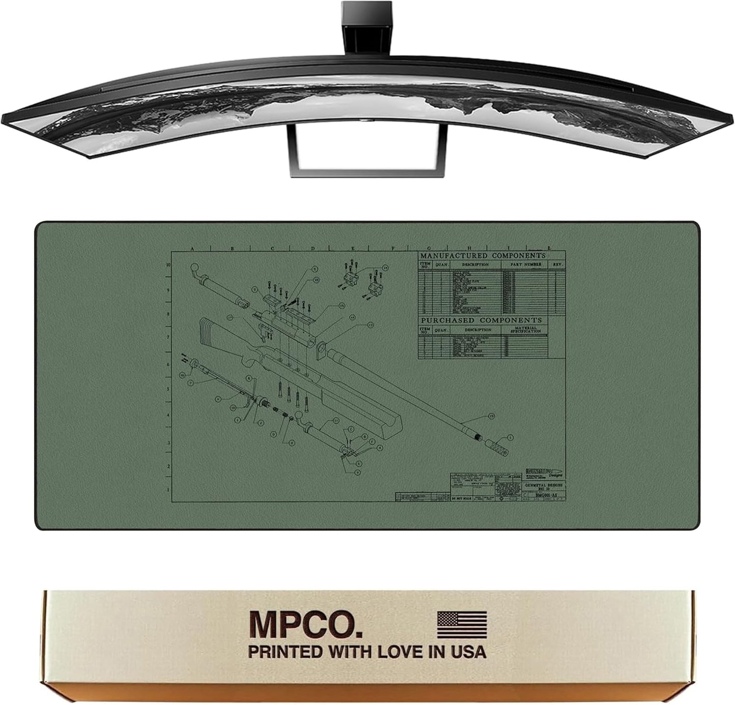 MPCO. Blueprints Large Gaming Desk Pad - 36" x 17" Duraglyde Fabric Browning 50 Cal – Green Desk Mats - Non-Slip, Washable, Smooth Glide for Precision Gaming & Work