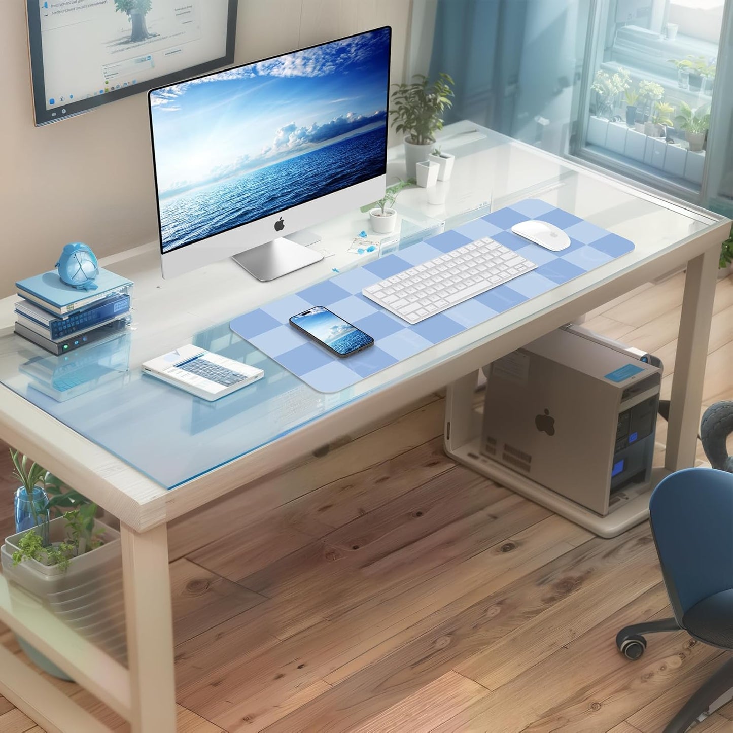 Non-Slip Desk Pad, Waterproof PU Leather Protector, Easy Clean Laptop Mat for Work/Home/Decor (Light Blue, 31.5" x 12"