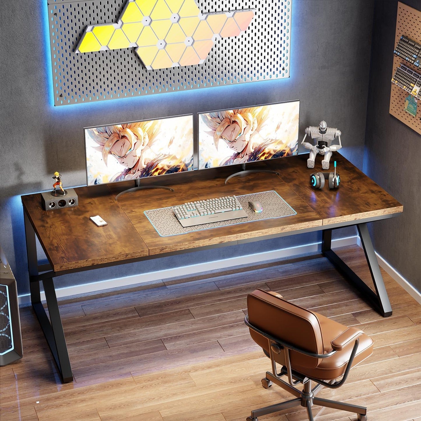 HSH Large Rustic Brown Computer Desk, 70 Inch Home Office Metal Wood Desk for 2 Person, Farmhouse Extra Long Writing Study Gaming Table, Bedroom Living Room PC Laptop Dual Monitor Desk