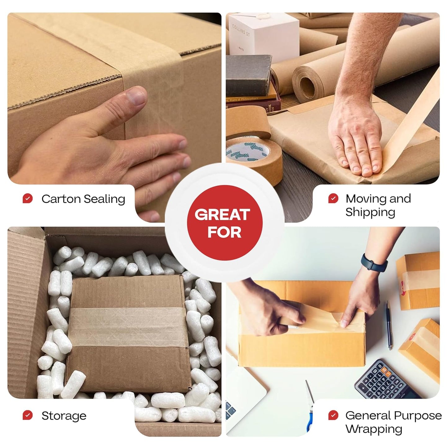 IDL Packaging 2.83" x 450 feet Reinforced Water-Activated Kraft Gummed Tape 30lb Thickness (Pack of 8) - Secure Paper Packing Tape for Secure Carton Sealing - Heavy-Duty for All Conditions, Brown