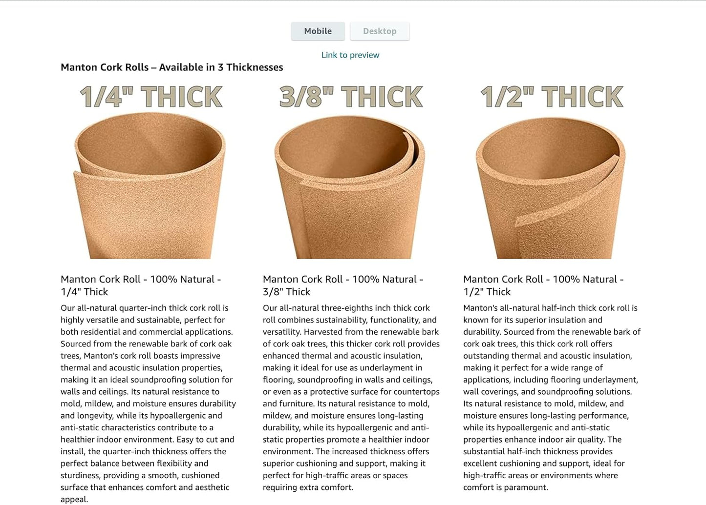 Manton Cork Premium Cork Roll - 3’ x 12’ x 1/4”, 100% Natural Facing Grade Material, Custom Cut Cork for Home, School, and Office Walls & Bulletin Boards