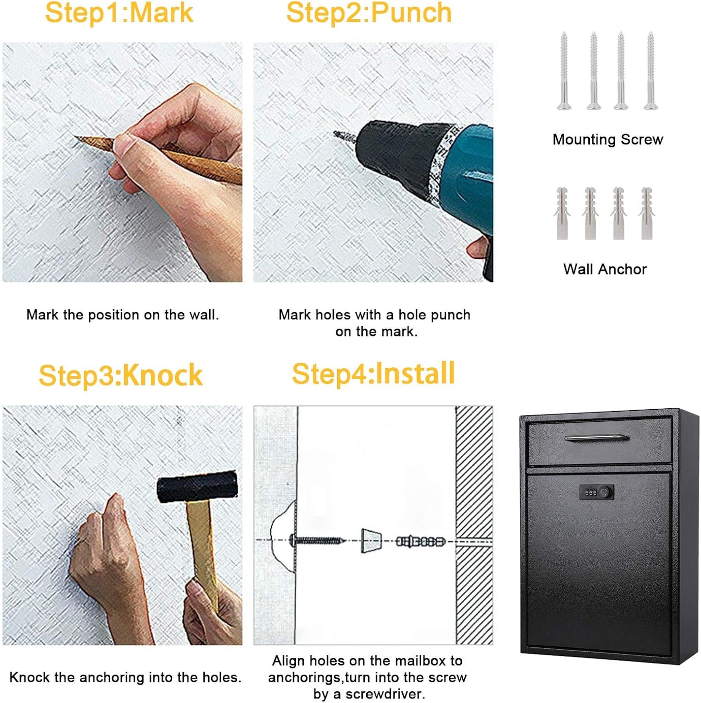 xydled Wall Mount Mailboxes with Combination Lock, Wall Mail Box for Outside, Locking Mailbox with Lock, Hanging Secured Postbox, Security Key Drop Box, 17.6H x 12.2L x 5.7W Inches, Black, XL Large