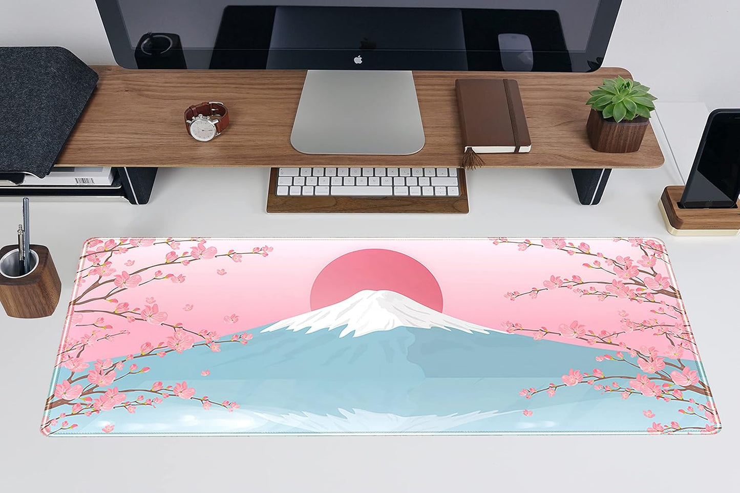 Aesthetic Japanese Cherry Blossom Desk Mat Cute Pastel Blue Color XL Sakura Gaming Mouse Pad Anime Mousepad for Women Desk Office Girl Gamer Cherry Blossoms Mouse Pads Fun Desktop Mat 31.5x11.8 in