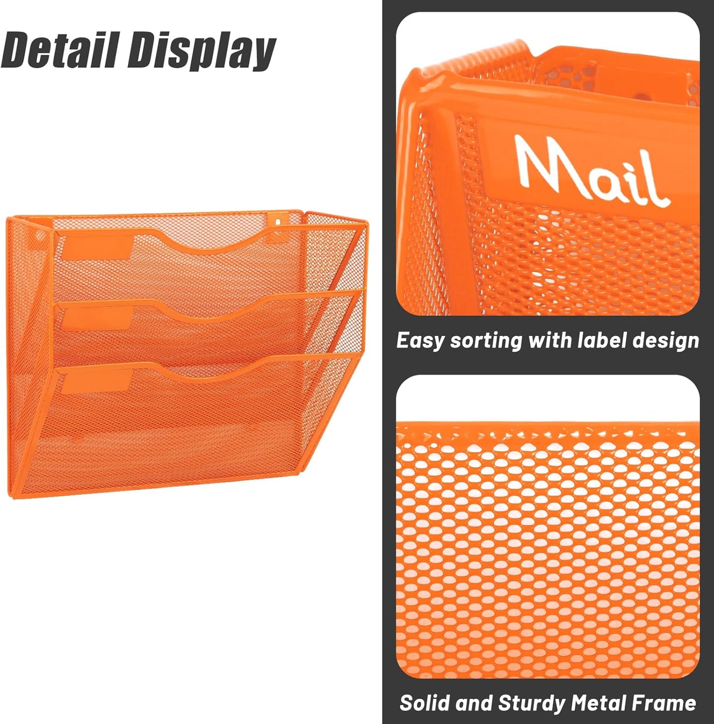 EASEPRES 3 Pocket Mesh Hanging Wall File Organizer, Wall Mounted Mail Paper Document Folder Holder, Clipboard Storage Organization Magazine Rack with Nametag Label for Office Home School, Orange