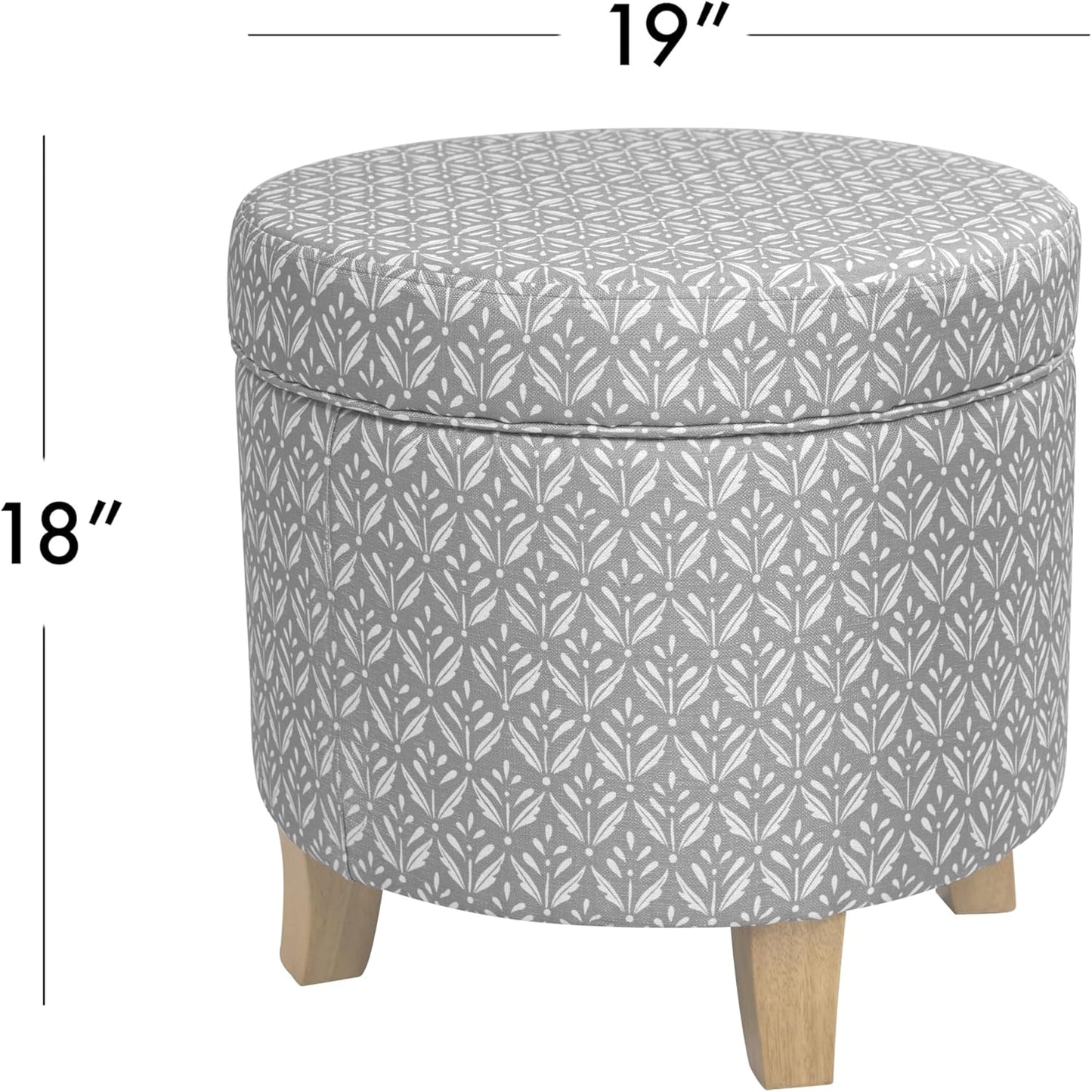 HomePop Upholstered Round Storage Ottoman|Homepop Home Décor|Upholstered Round Foot Rest Ottoman - Light Grey Print