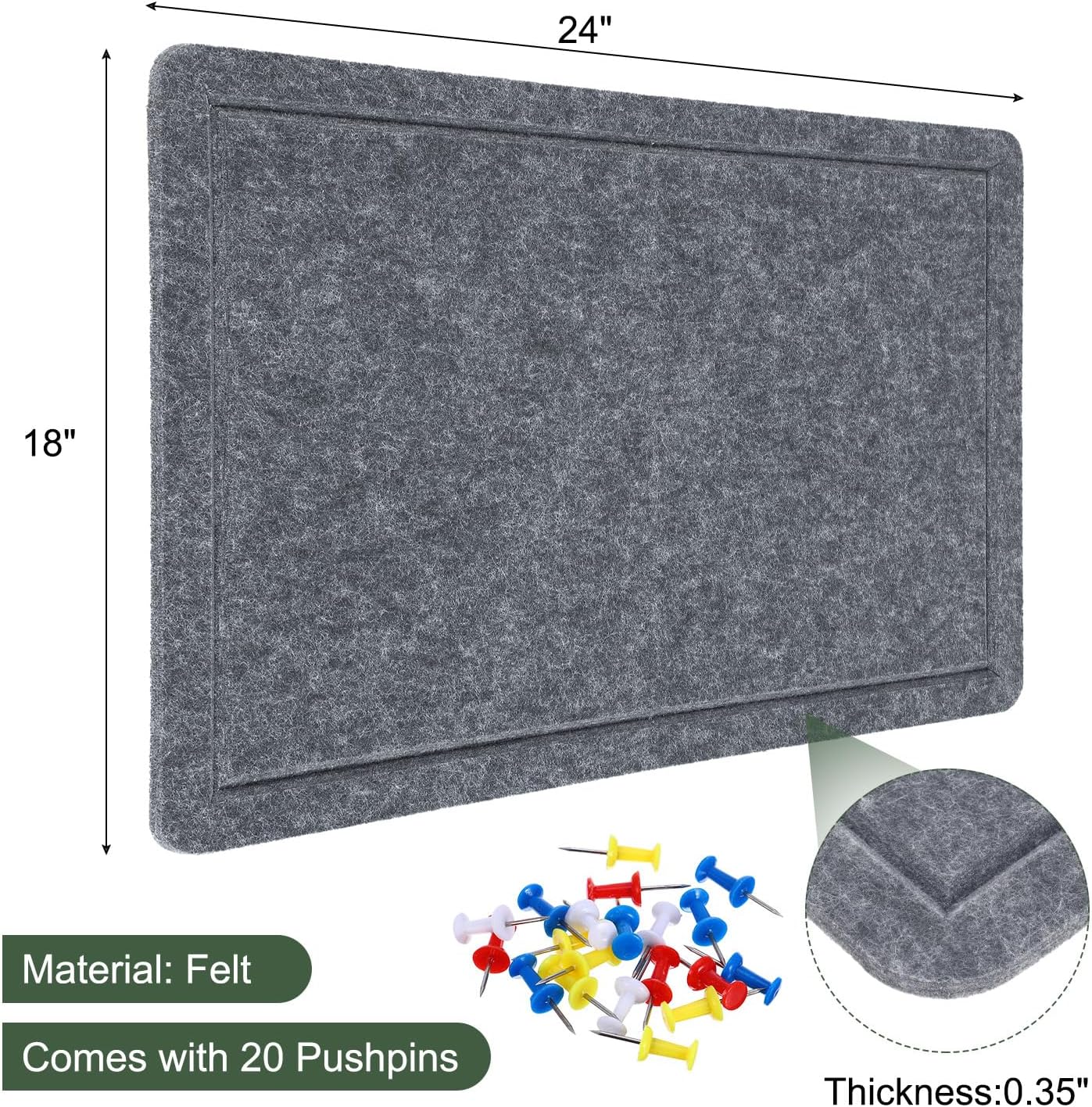 YOKIVE Felt Bulletin Board, 24 x 18 -Inch Foldable Decorative Pin Board Self Adhesive Felt Cork Board with 20 Pushpins, Great for Wall, Photo Display, Paste Note, Schedule(Gray)